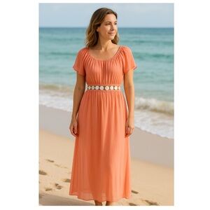 ANGELS BY THE SEA HAWAII $115 Shell Waist Boho Maxi Dress Coral XL 100% Rayon